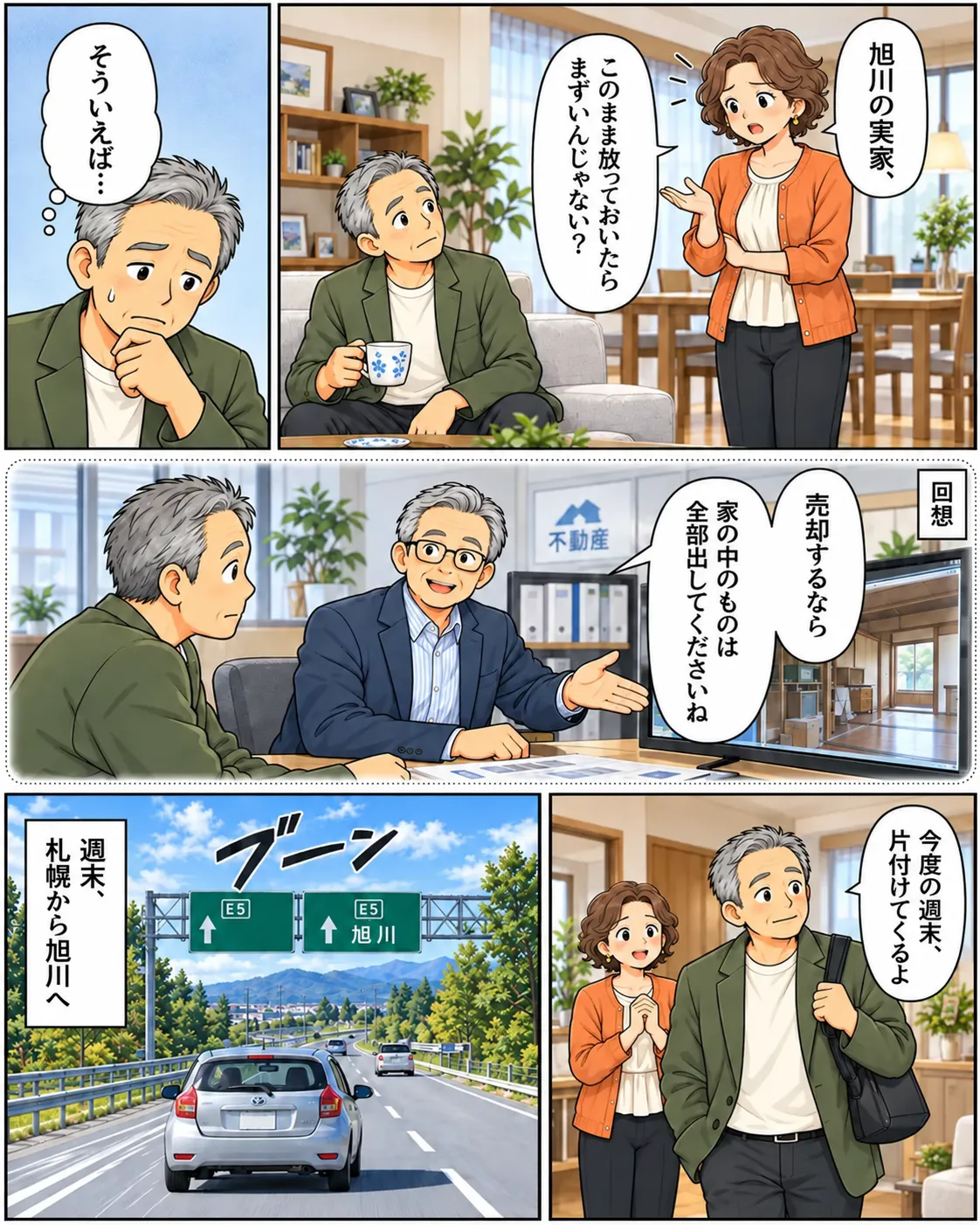 片付けマンガ内容：奥さんが「旭川の実家、このまま放っておいたらまずいんじゃない？」と問いかける。タカシがそういえば不動産屋さんに言われた言葉「売却するなら家の中のものは全部出してくださいね」を思い出した。タカシは重い腰を上げて「今度の週末片付けてくるよ」と奥さんに伝え高速で札幌から旭川へ向かった。