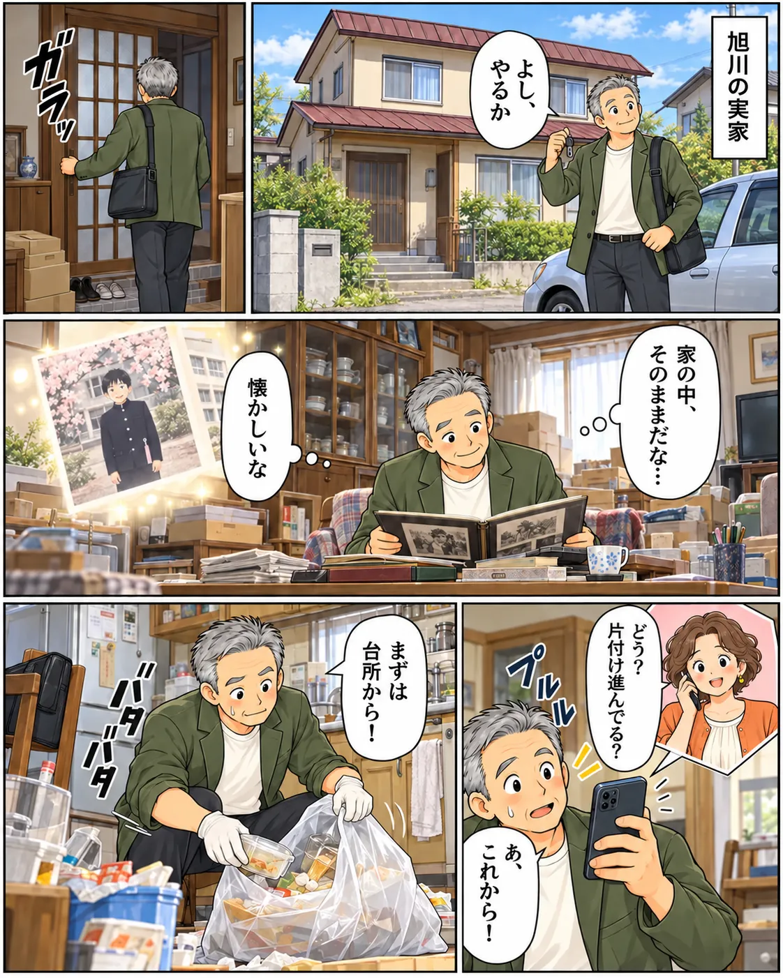 片付けマンガ内容：旭川の実家に到着したタカシは「よし、やるか」とはりきって実家じまいを始める。家の中のものはそのままになっており、懐かしくて昔のアルバムをひらいてしまうが奥さんからの電話で「片付け進んでる？」と言われてちょっと焦る。まずは台所から片付け始めるタカシであった。