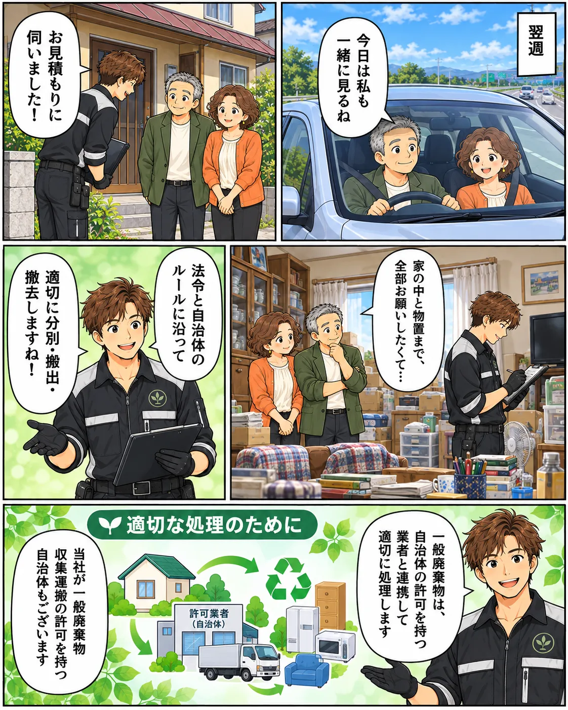 片付けマンガ内容：翌週、奥さんも現場についてきた。生活応援エコスタイルの担当者が見積もりにやってくる。タカシは「家の中と物置まで全部お願いしたくて」担当者は「法律と自治体のルールに沿って適切に分別・搬出・撤去しますね！」と伝え、一般廃棄物は自治体の許可を持つ業者と提携して適切に処理します。当社が一般廃棄物収集運搬の許可をもつ自治体もございます。