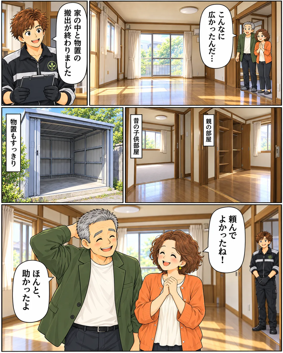 片付けマンガ内容：家の中と物置の搬出が終わりましたと報告するエコスタイルスタッフ。タカシは「こんなに広かったんだ」と驚く。親の部屋も子ども部屋も物置もすっきり「頼んでよかったね」と喜ぶ奥さん。「ほんと助かったよ」とタカシ